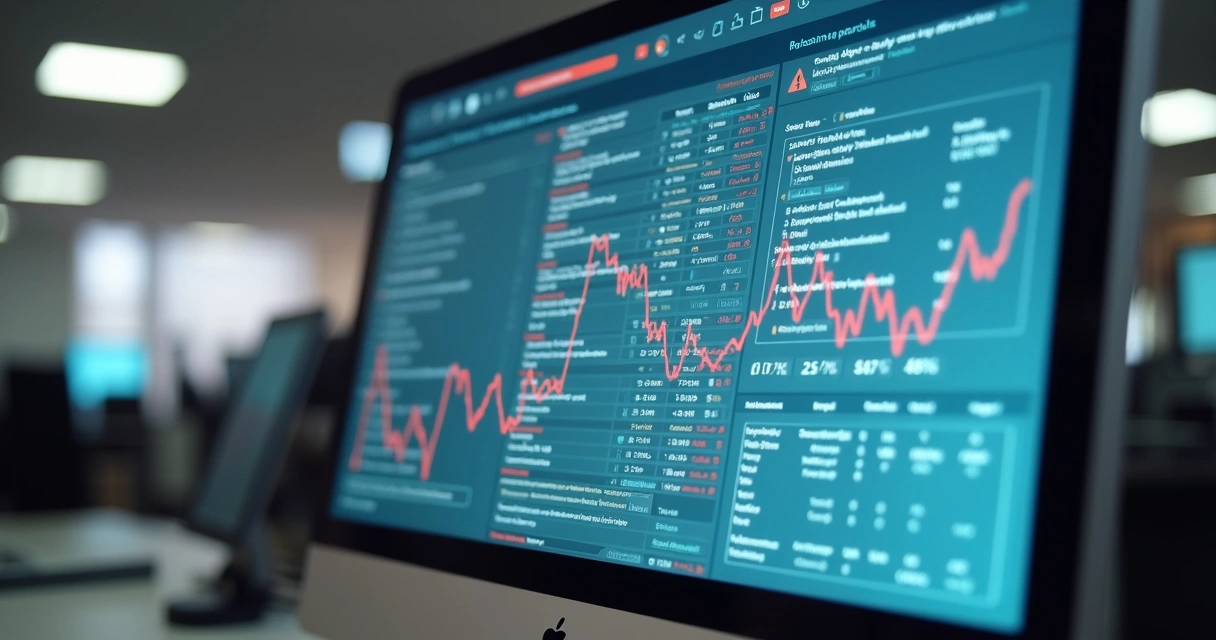 Tela de sistema de estoque com dados corrompidos e gráficos inconsistentes. 