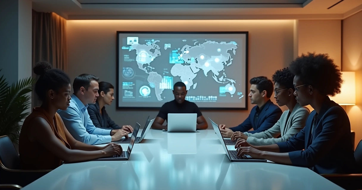 Equipe reunida ao redor de mesa com gráficos digitais e elementos de dados 