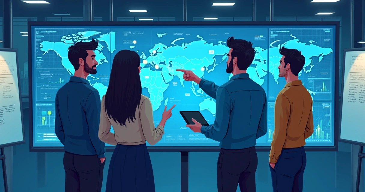 Equipe analisando dados em painéis digitais em sala de reuniões 