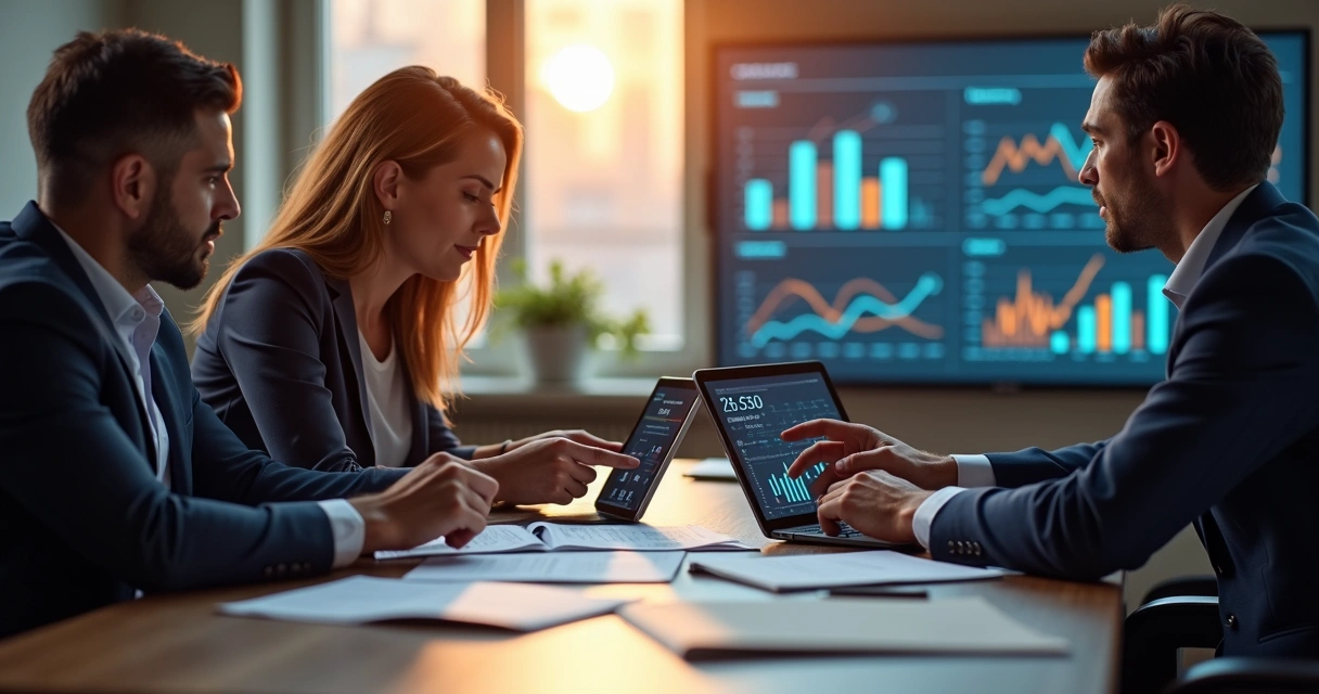 Profissionais trocando informações estratégicas em computadores e tablets 