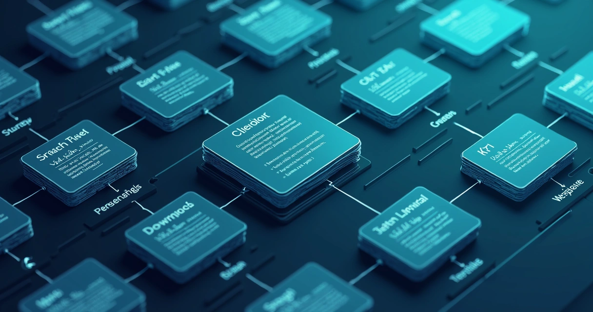 Tabela digital e blocos organizando produtos por categoria e atributos detalhados 