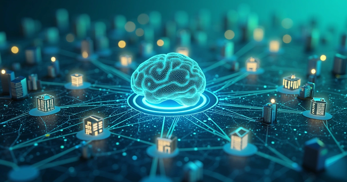 Mapa de dados externos conectando fontes variadas sobre imóveis