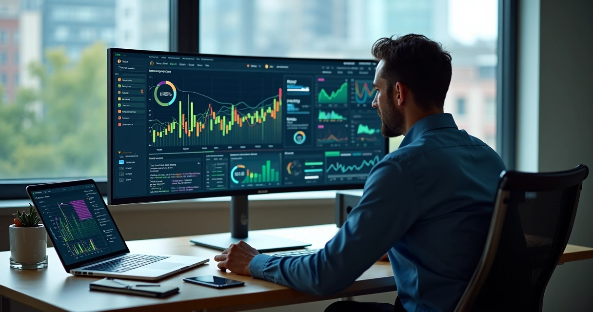 Gestor de pequena empresa analisando painel de dados externos com gráficos de tendências de mercado 