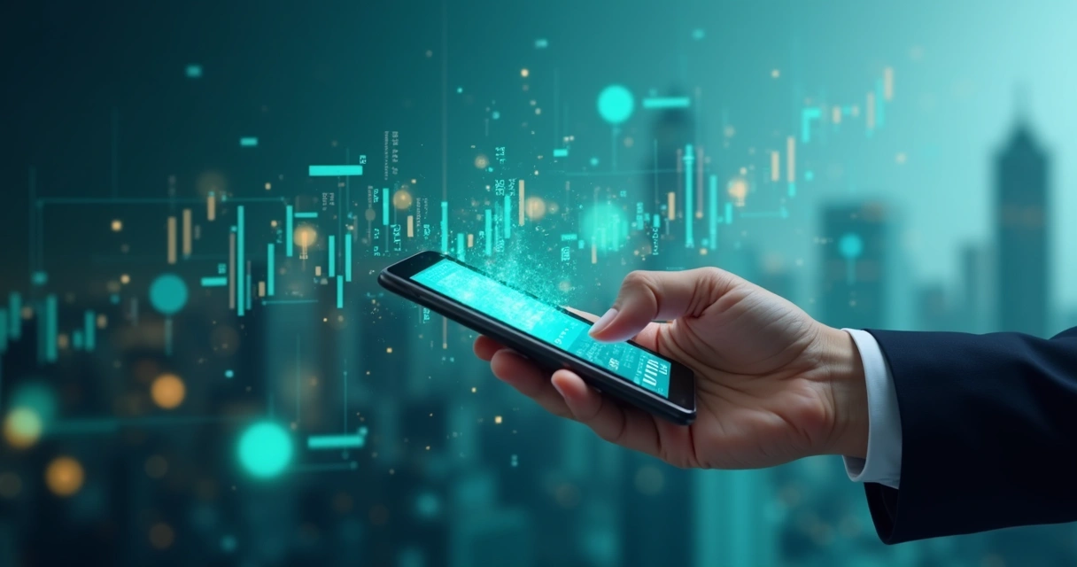 Pessoa segurando carteira com cartão digital e gráficos de dados ao fundo 