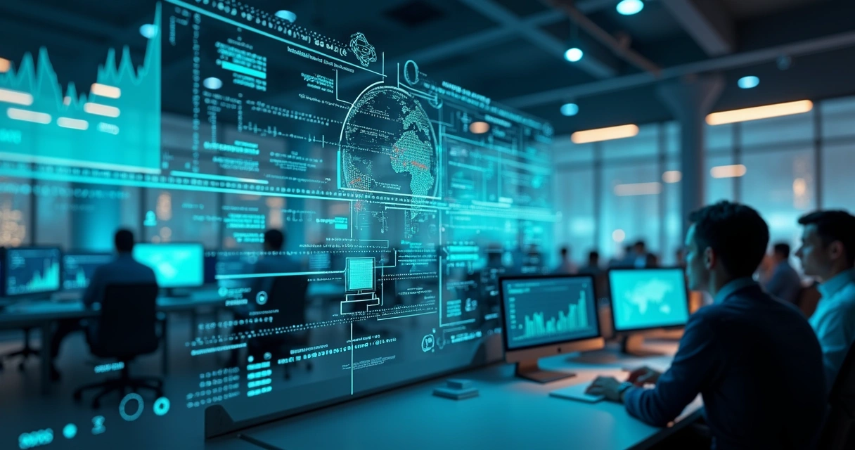 Fluxo de dados conectando banco, ERP e sistemas fiscais em um escritório moderno 