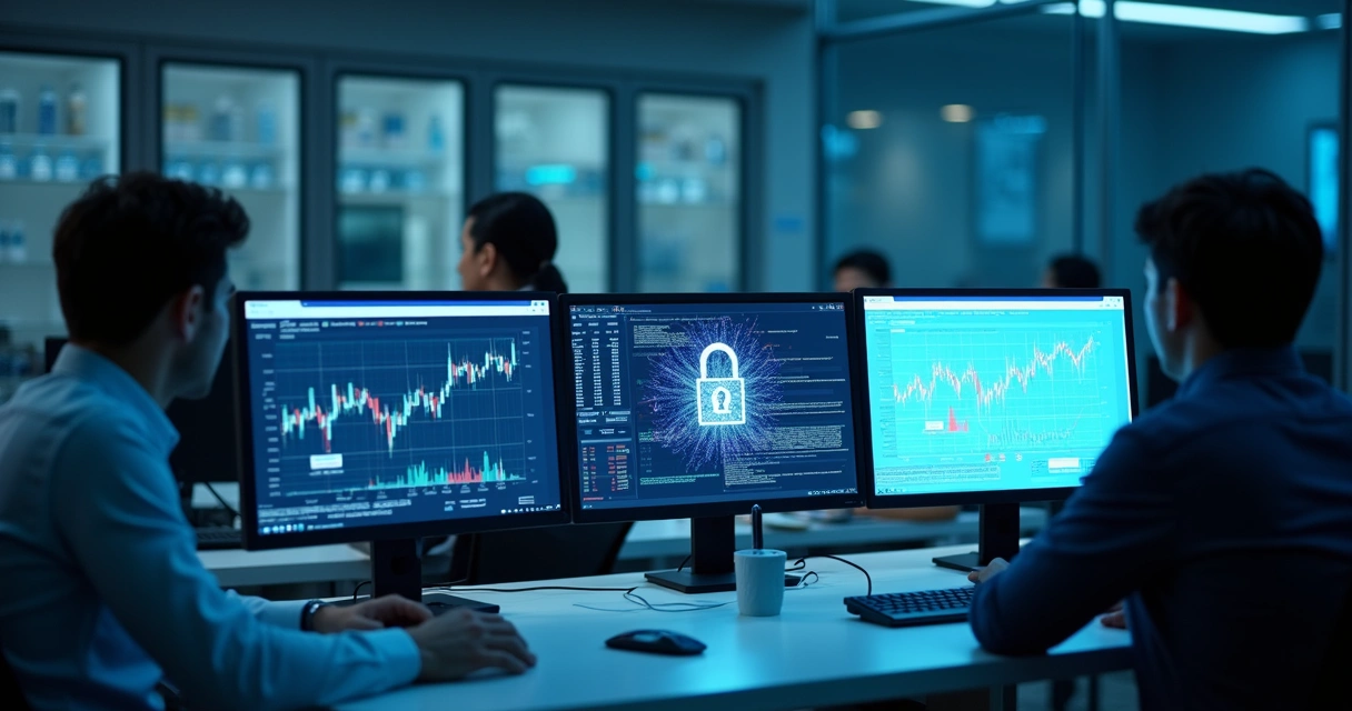 Papéis e computadores com dados financeiros criptografados 