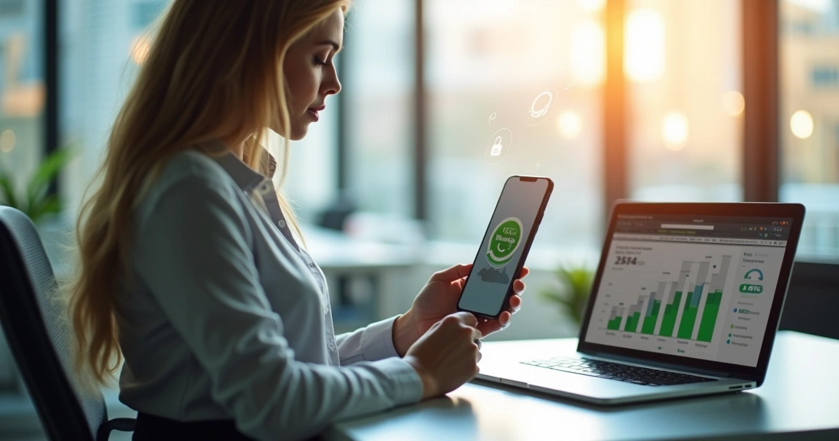 Mulher consultando dados financeiros pelo celular em ambiente corporativo