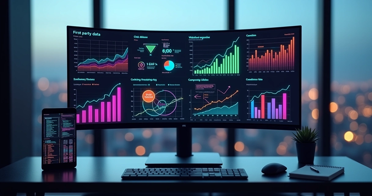 Painel de marketing digital com gráficos e ícones de dados first-party em destaque 