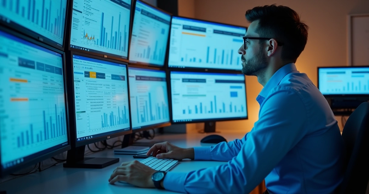 Profissional revisa dados fiscais digitais em múltiplas telas. 