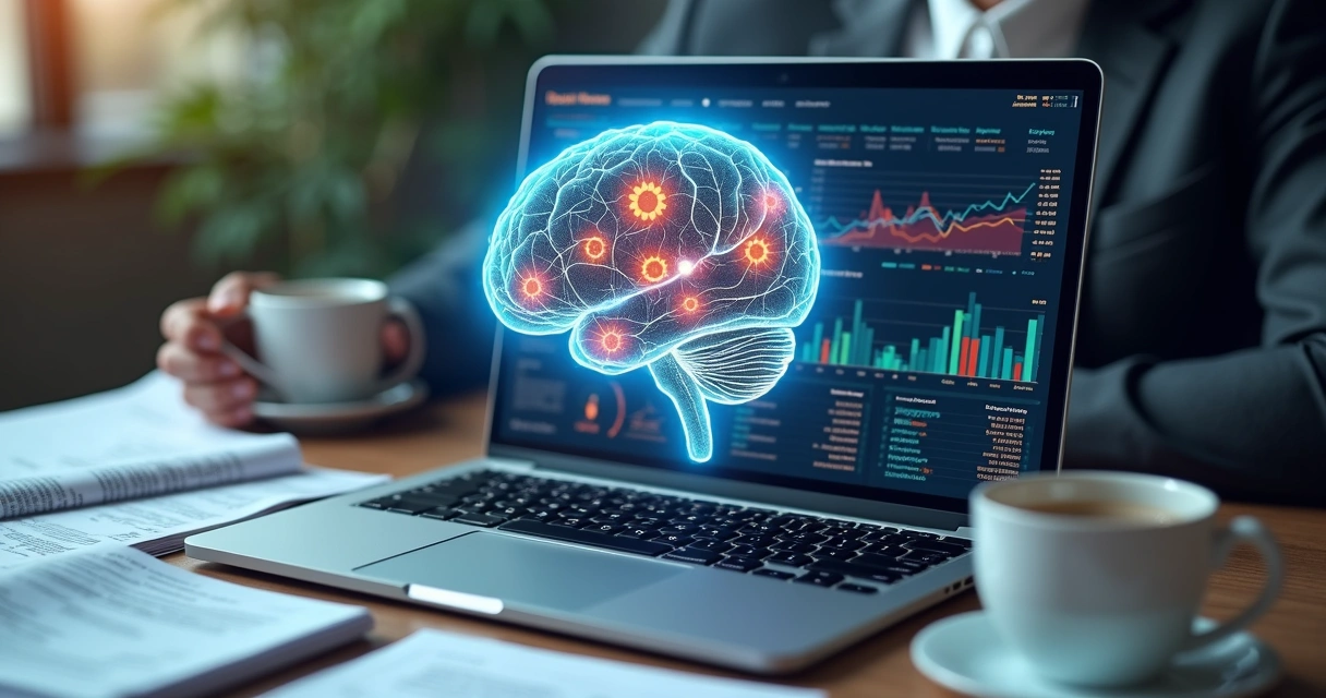 Computador processando dados fiscais e gráficos digitais 