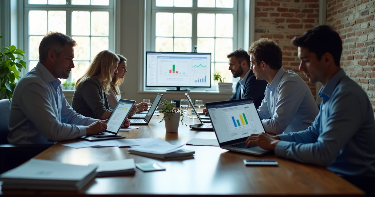 Equipe de profissionais revisando dados fiscais em computadores, gráficos digitais exibidos nas telas 