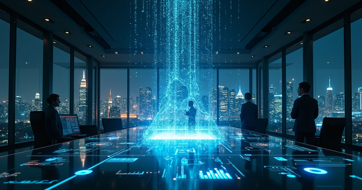 Fluxo de dados formando setas de decisão em ambiente corporativo moderno 