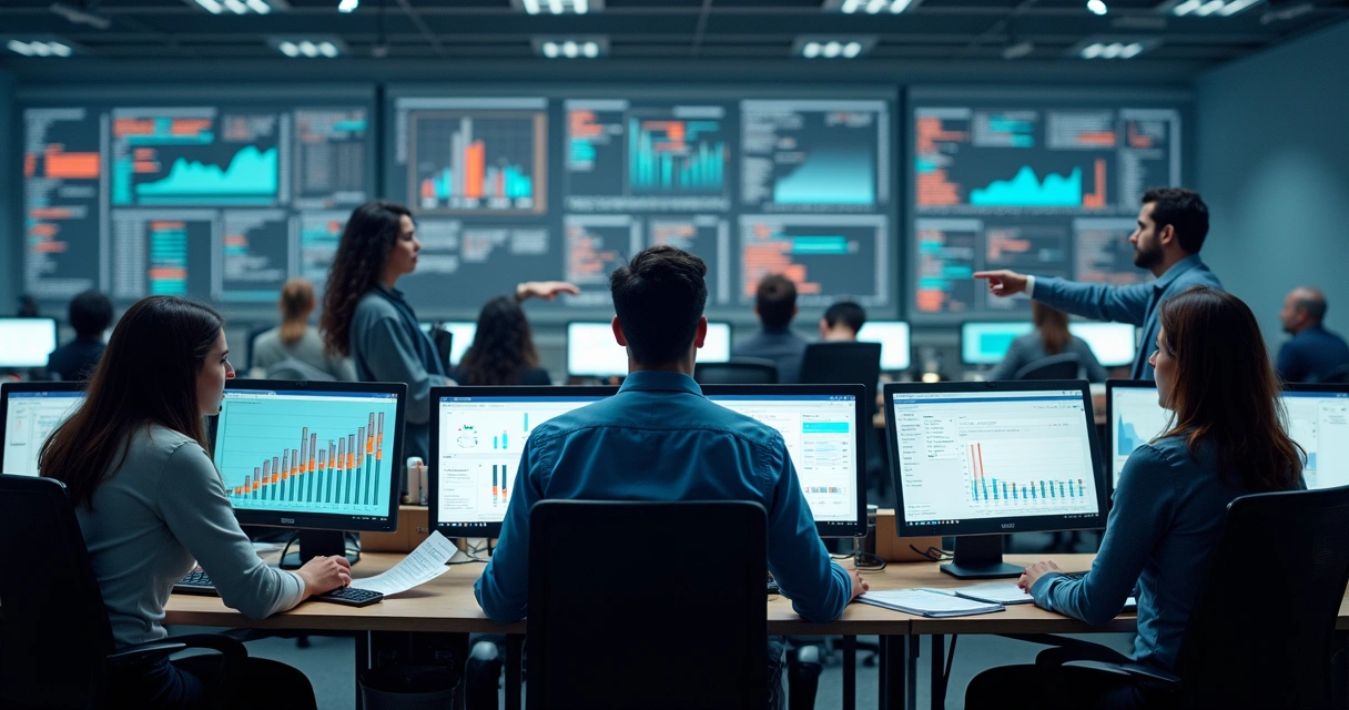 Telas de diferentes sistemas industriais exibindo dados divergentes e equipes discutindo. 