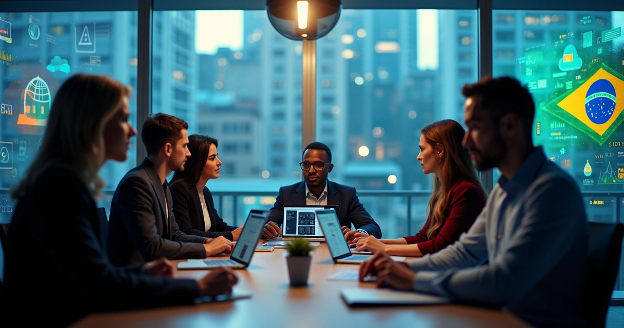Equipe analisando dados digitais no escritório com bandeira do Brasil ao fundo 