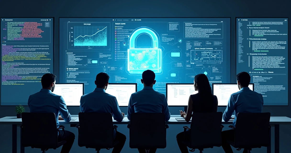 Equipe de tecnologia analisando dados anônimos em computadores 