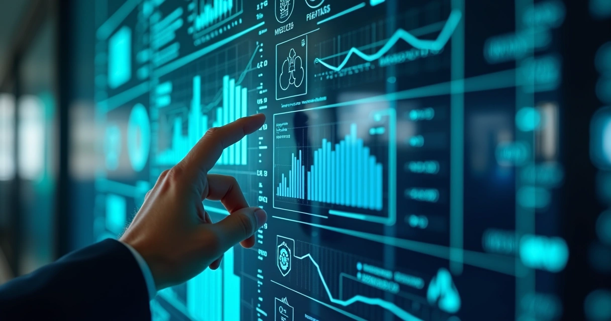 Painel digital com gráficos de dados e ícones de inteligência artificial