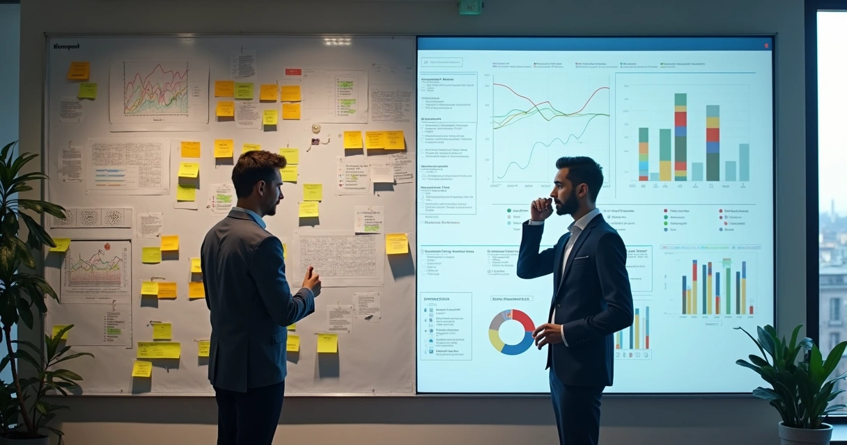 Comparação lado-a-lado de quadros com dados manuais e automatizados numa imobiliária. 