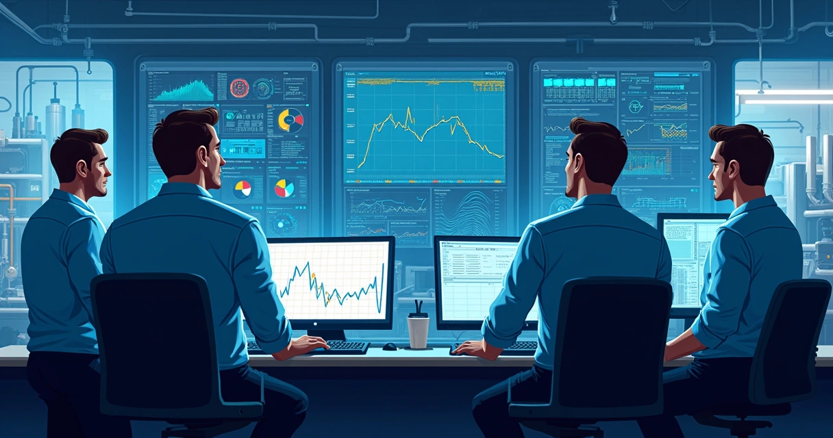 Monitor industrial exibe gráficos divergentes e técnicos confusos 