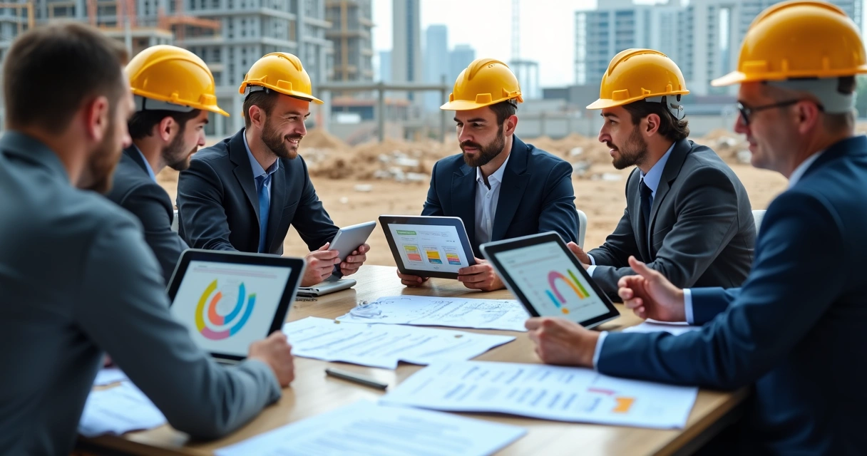 Equipe de construção analisando dados em tablets no canteiro de obras