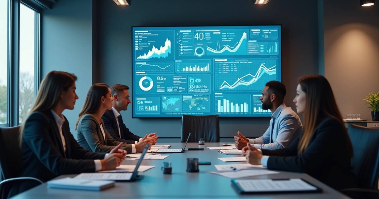 Equipe observando painel de dados integrados de empresa