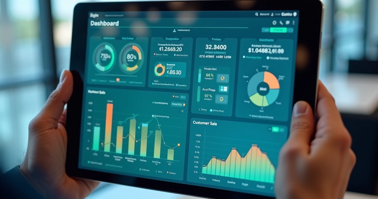 Dashboard digital integrando dados de marketing e vendas em gráficos coloridos 
