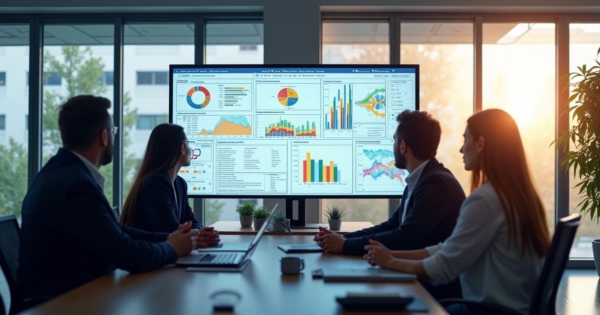 Dashboard com gráficos e dados de inteligência comercial em monitor ultrawide 
