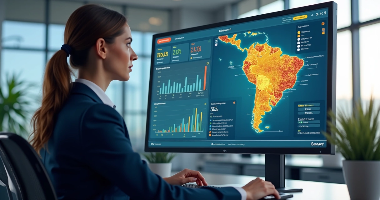 Painel digital com mapas, gráficos e dados de obras em várias regiões do Brasil. 