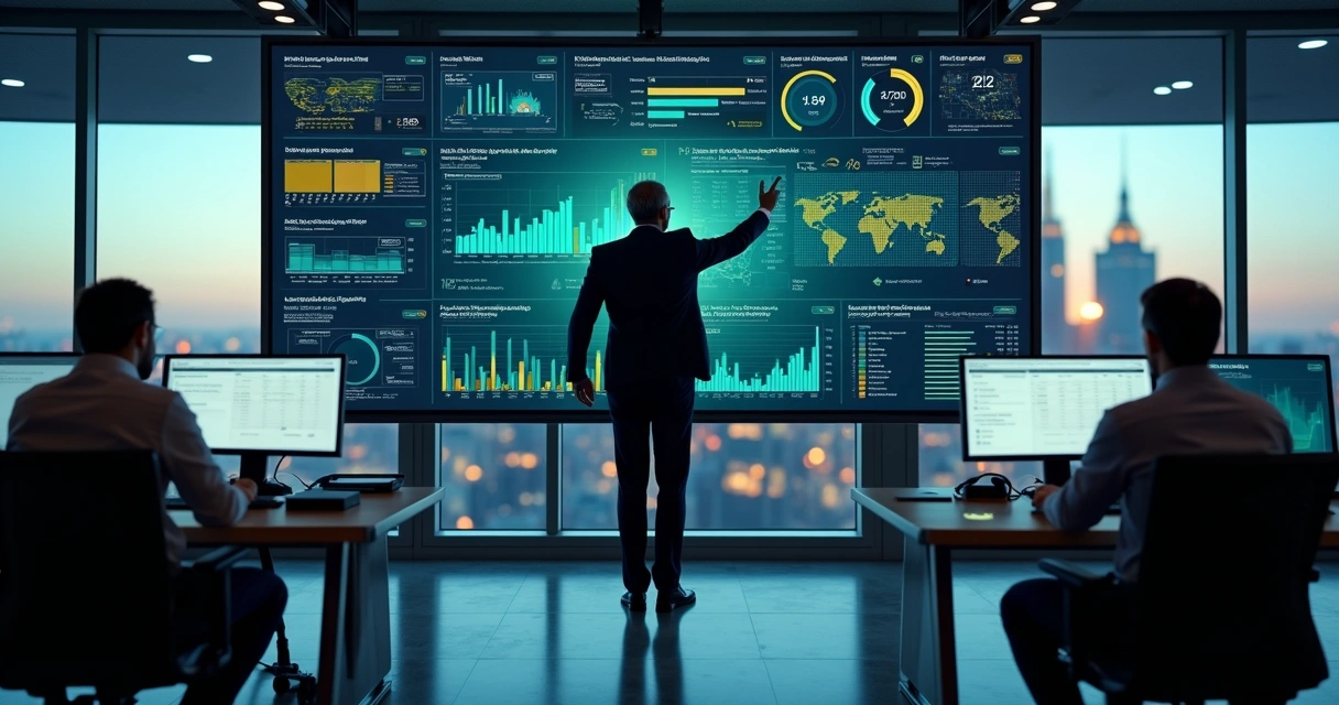 Executivo analisando painel de dados inteligentes sobre risco regulatório em tela gigante 