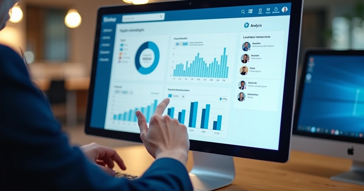 Tela de computador com gráficos e dados de interações do LinkedIn 