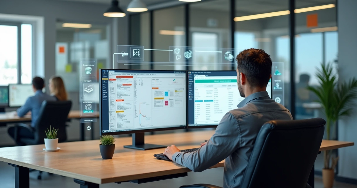 Profissional analisa painel com dados internos e fluxos de IA em escritório moderno 