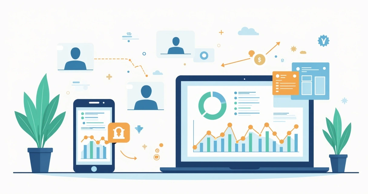 Tela com gráfico de dados da jornada do usuário em computador e dispositivos móveis.