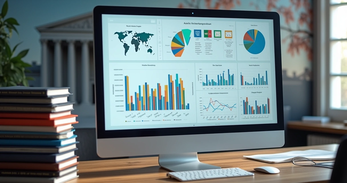Gráficos coloridos com dados jurídicos em monitor 