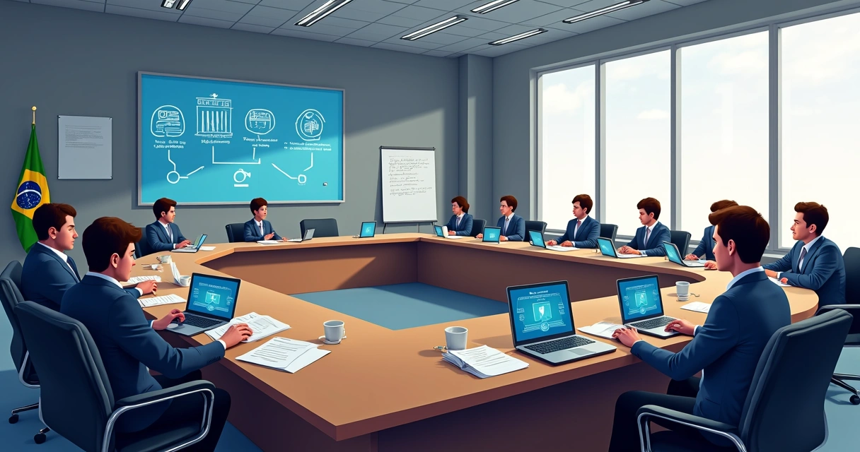 Reunião de servidores em câmara municipal com computadores, gráficos de dados e documentos na mesa