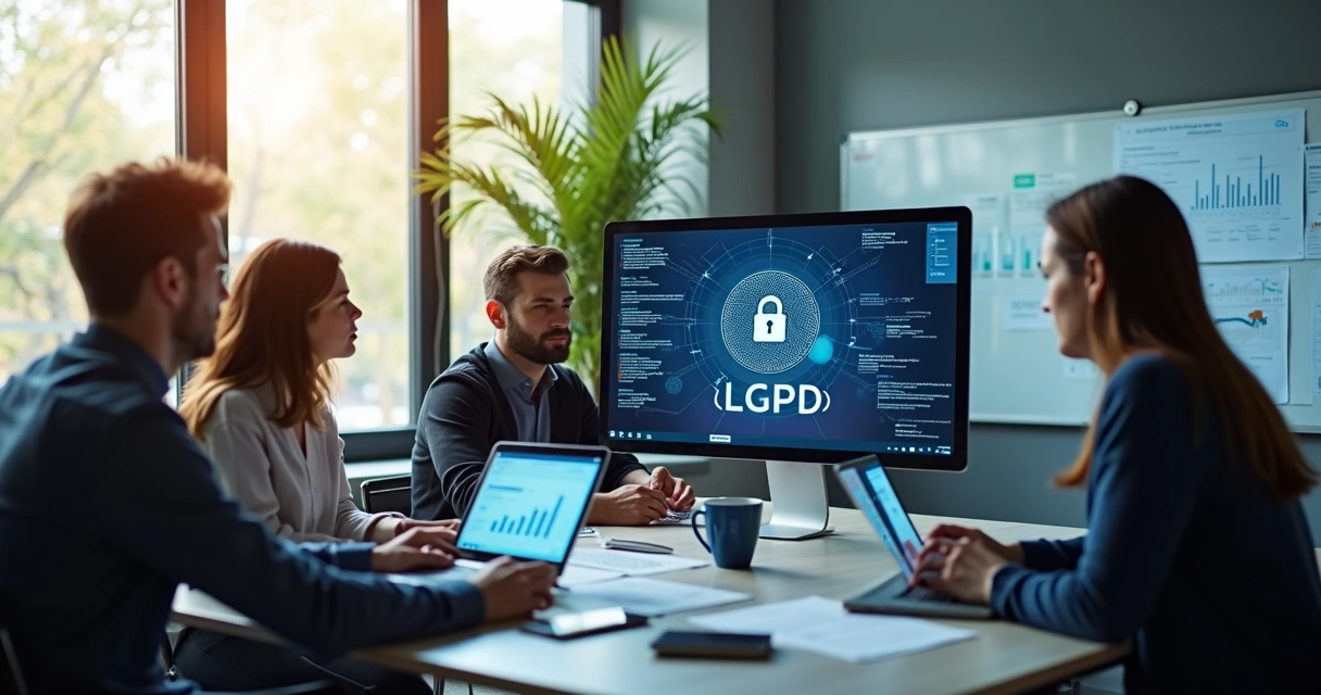 Equipe de tecnologia discutindo proteção de dados e LGPD 