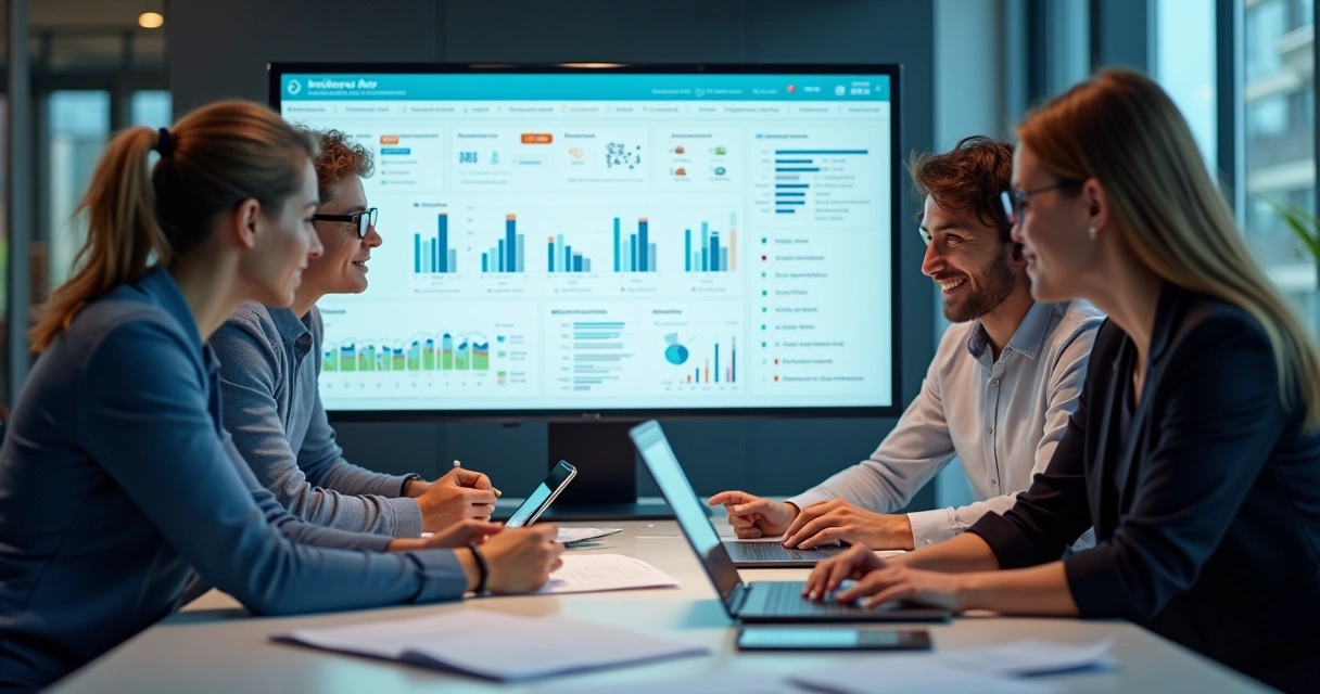 Equipe analisando dados e registros de LMS durante migração 