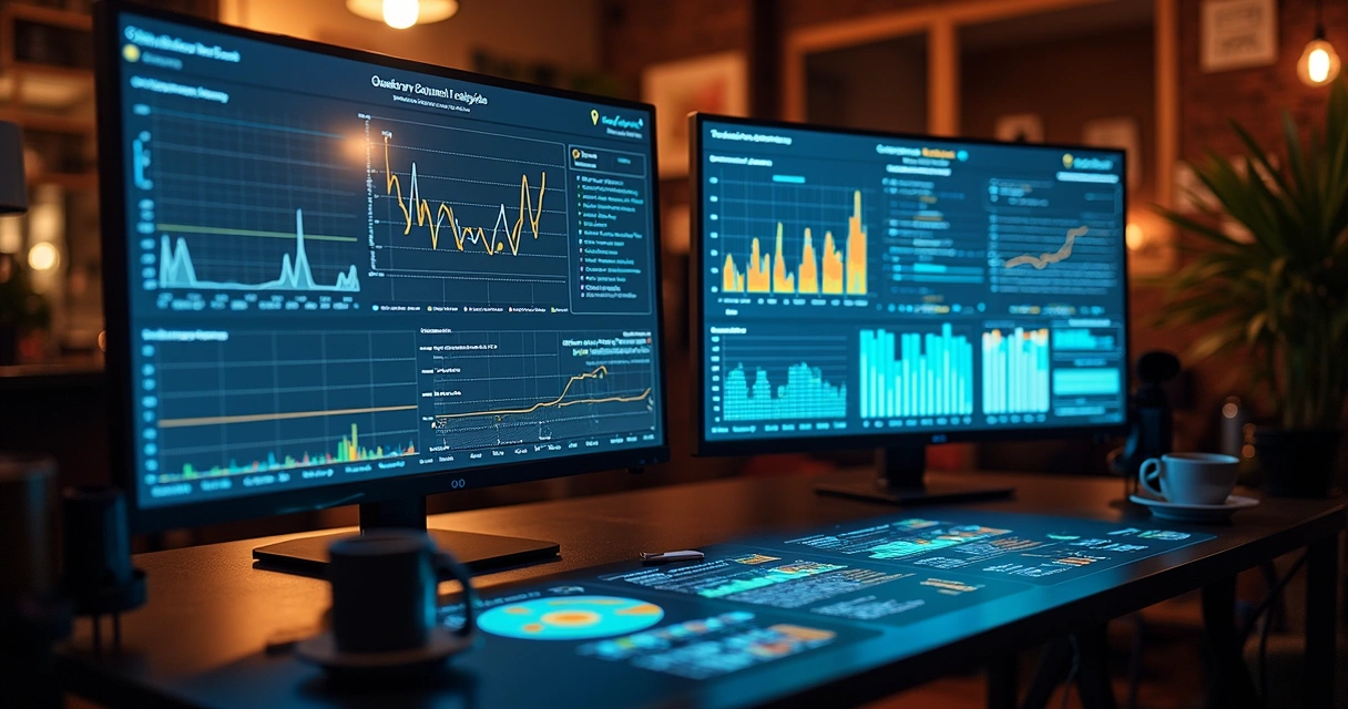 Monitores exibindo dados de marketing digital