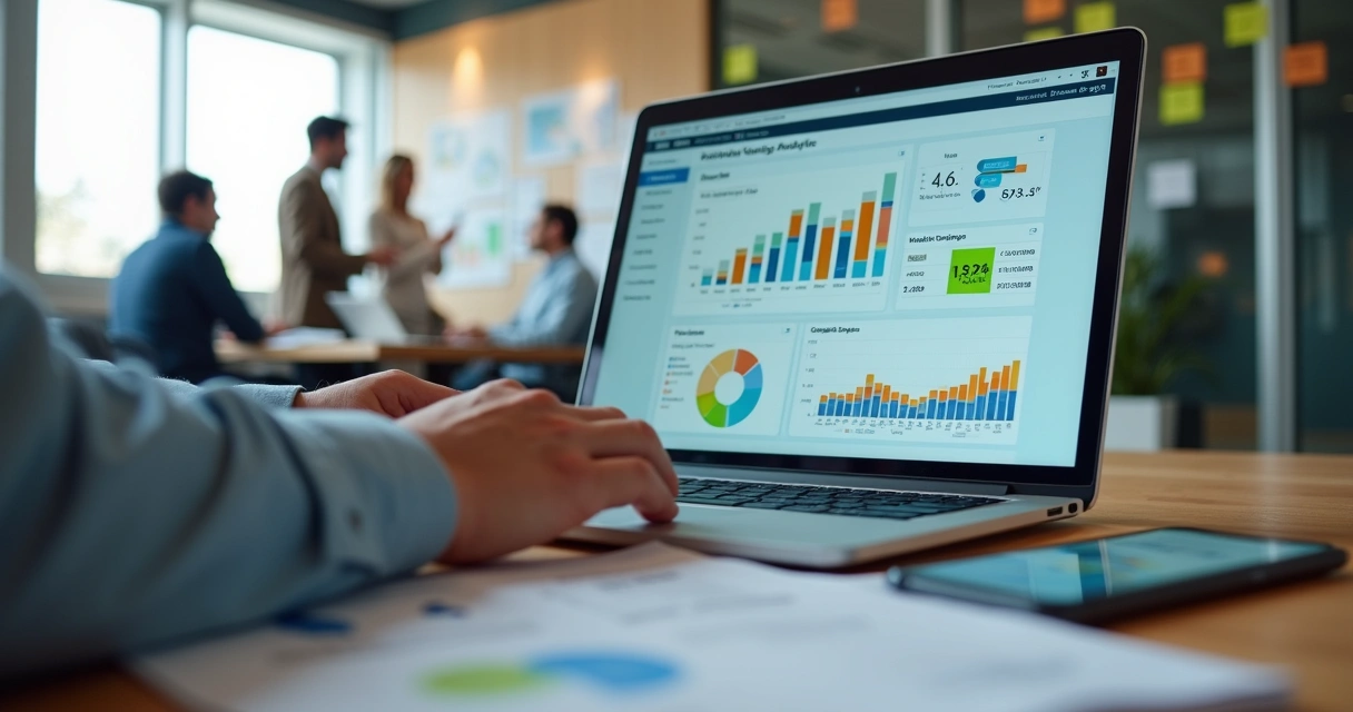 Gestora de marketing analisando painel de dados em notebook em escritório de pequena empresa 