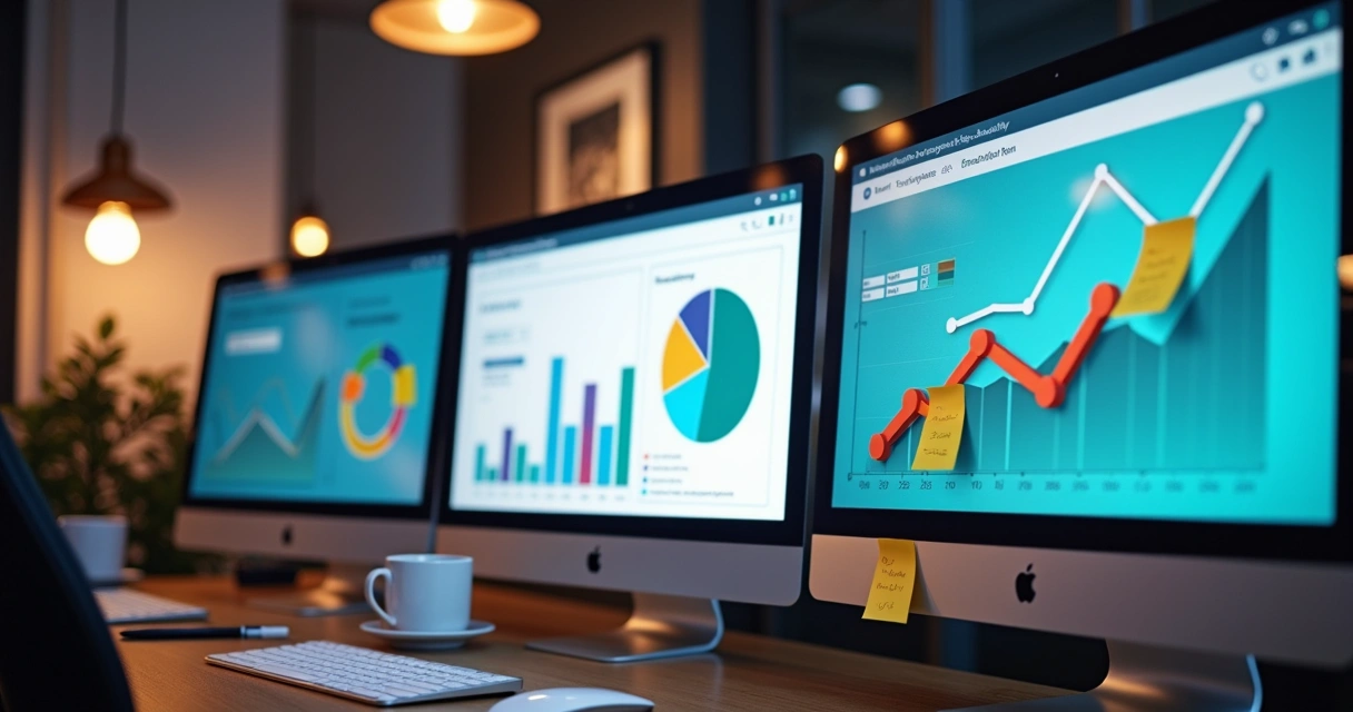 Gráficos coloridos em telas de computador mostrando dados de marketing 