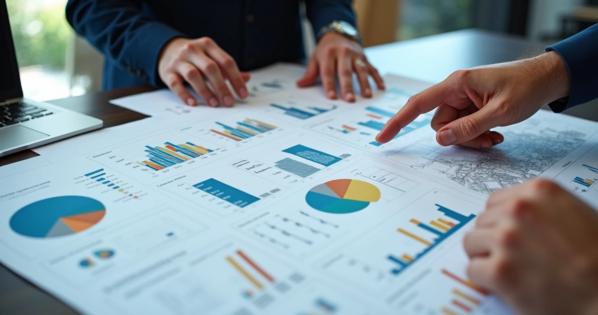 Dashboard de dados de mercado com gráficos coloridos e planejamento de construções civis 