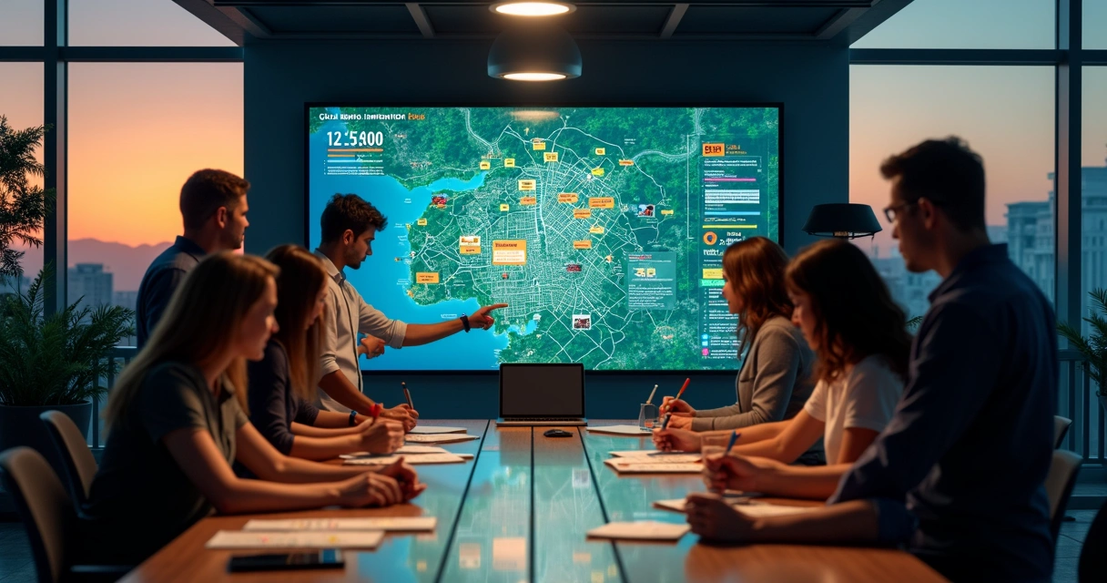 Equipe analisa painel com dados de anúncios OOH em mapa de Manaus 
