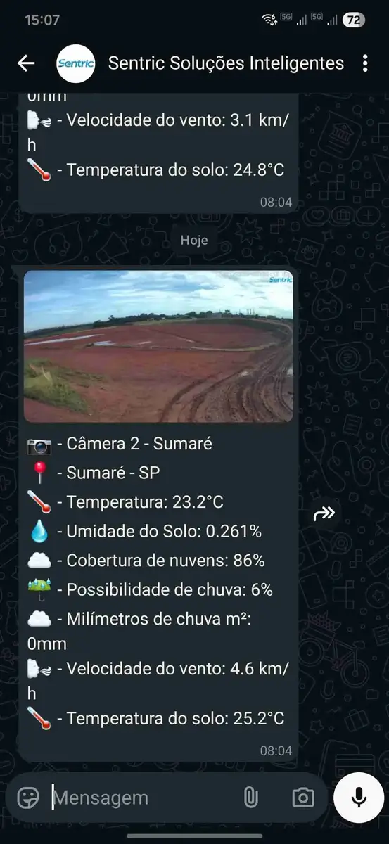 Print de mensagem com foto de obra em Sumaré e dados meteorológicos detalhados