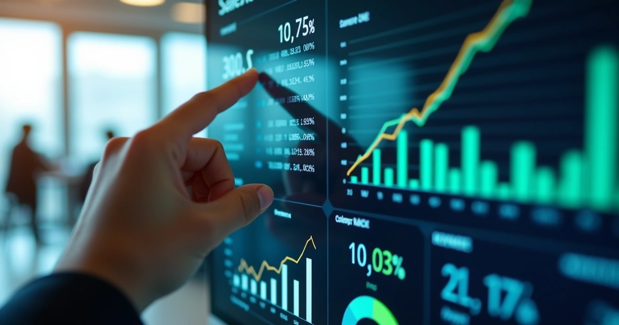 Painel digital com métricas de vendas em gráfico de barras e linhas 