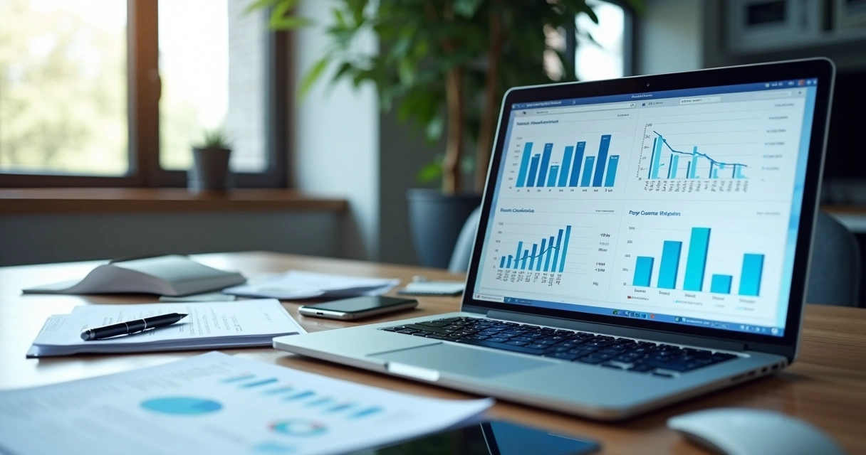Mesa com notebook mostrando gráficos de análise de dados fiscais e documentos fiscais ao lado 