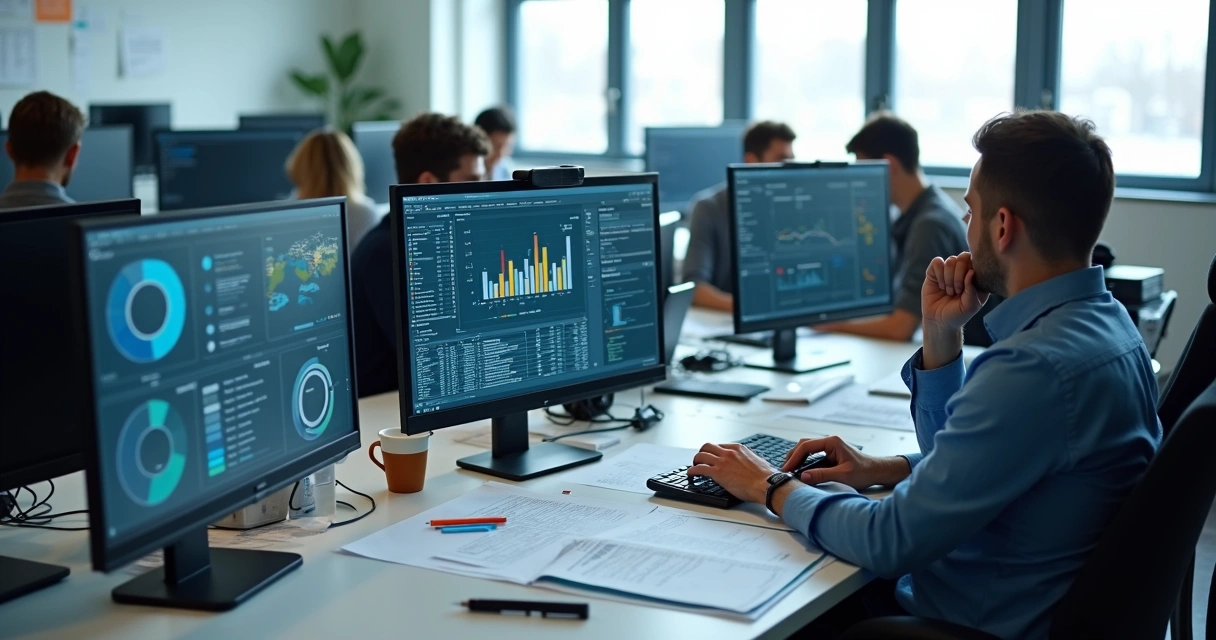 Equipe de TI analisando gráficos de migração BI em computadores 