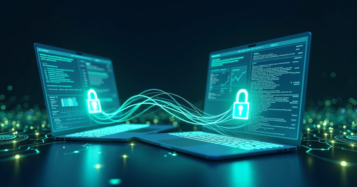 Fluxo de dados digitais migrando com segurança entre dois painéis de ERP