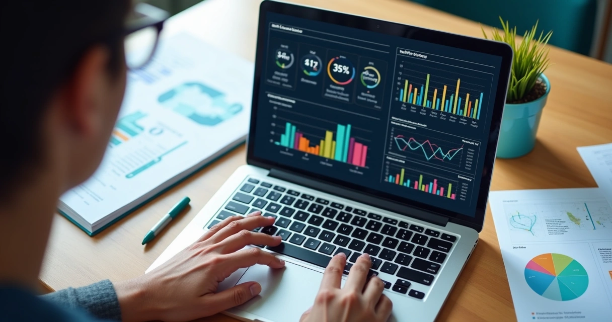 Dados financeiros em gráficos coloridos na tela de notebook 