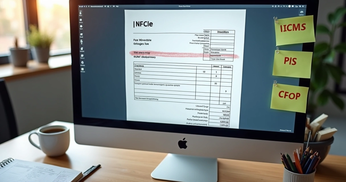 Campos de nota fiscal eletrônica preenchidos em tela digital 