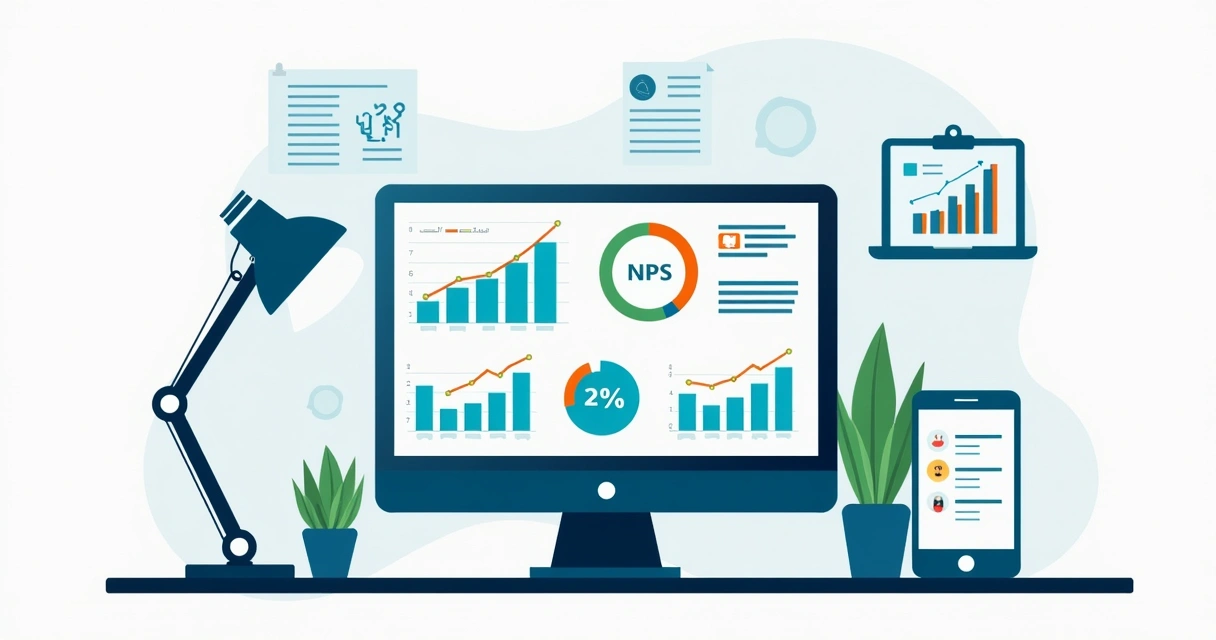 Dashboard corporativo com gráficos de NPS e lançamento de produto em uma tela de computador 