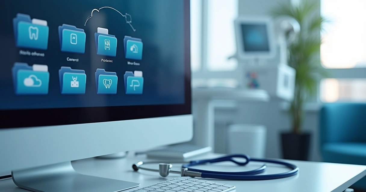 Tela de computador mostra dados odontológicos sincronizados com nuvem 