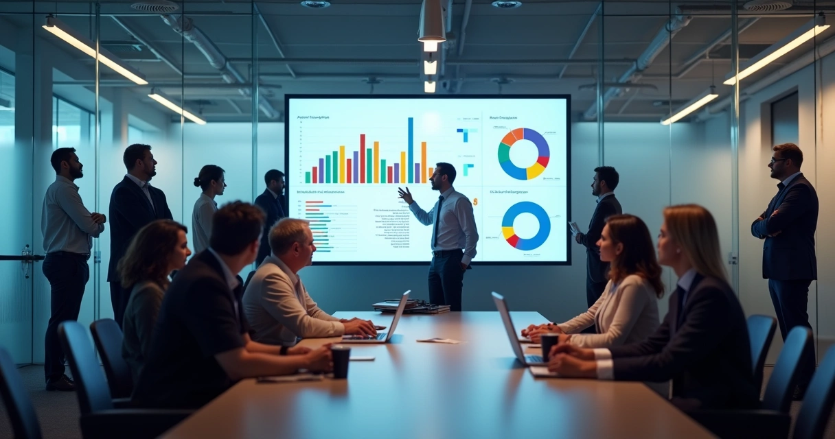 Painel digital com gráficos coloridos e equipe reunida analisando dados de pesquisa